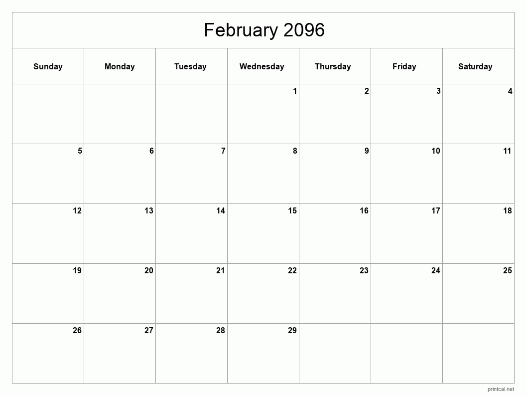 February 2096 Printable Calendar - Classic Blank Sheet