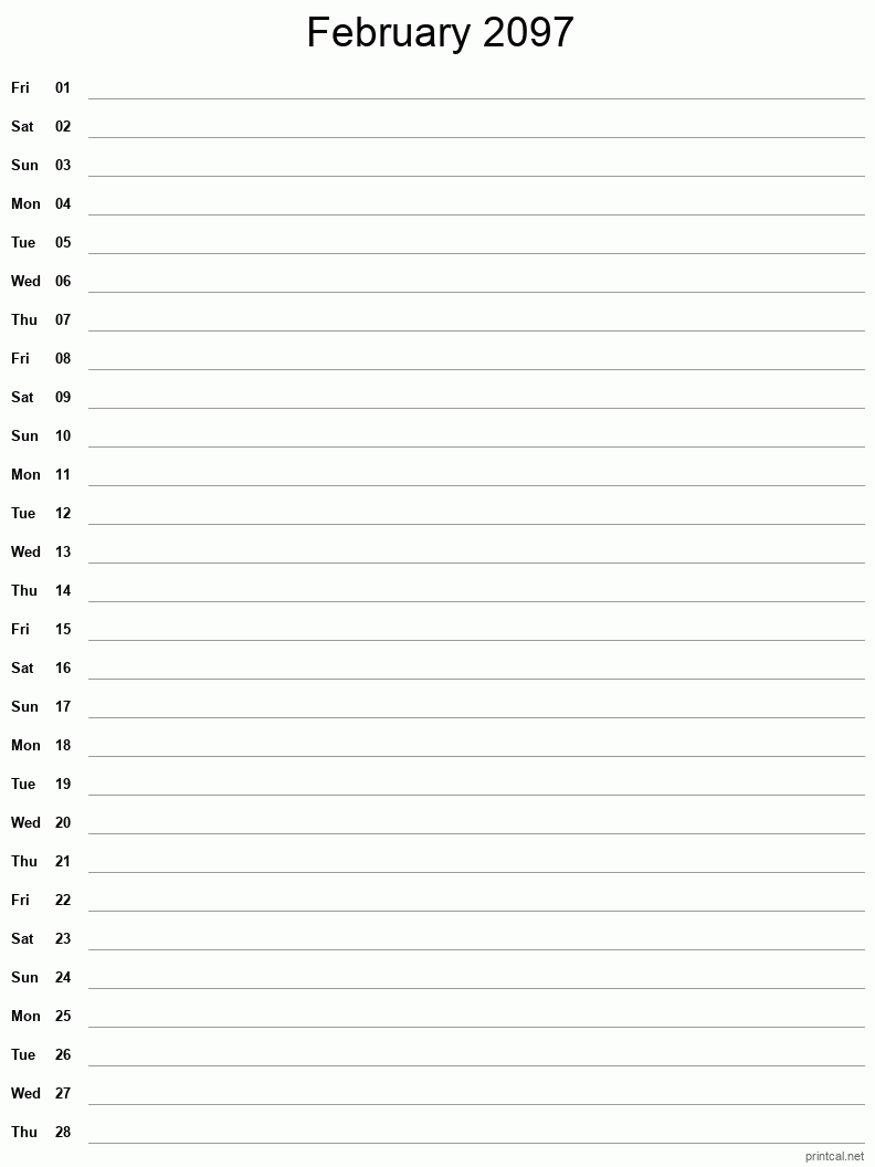 February 2097 Printable Calendar - Single Column Notesheet