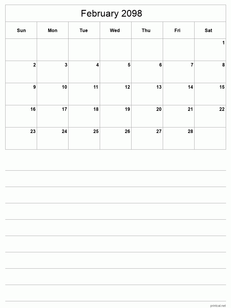 February 2098 Printable Calendar - Half-Page With Notesheet