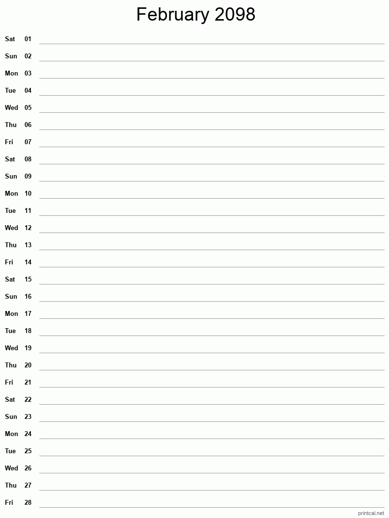 February 2098 Printable Calendar - Single Column Notesheet