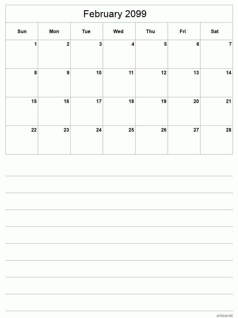 February 2099 Printable Calendar - Half-Page With Notesheet