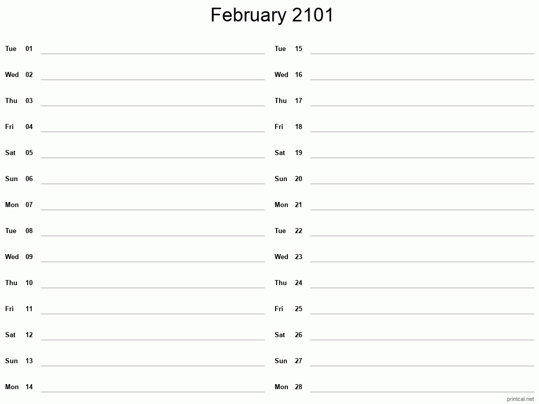 February 2101 Printable Calendar - Two Column Notesheet