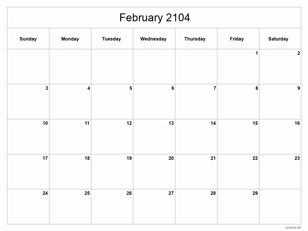 February 2104 Printable Calendar - Classic Blank Sheet