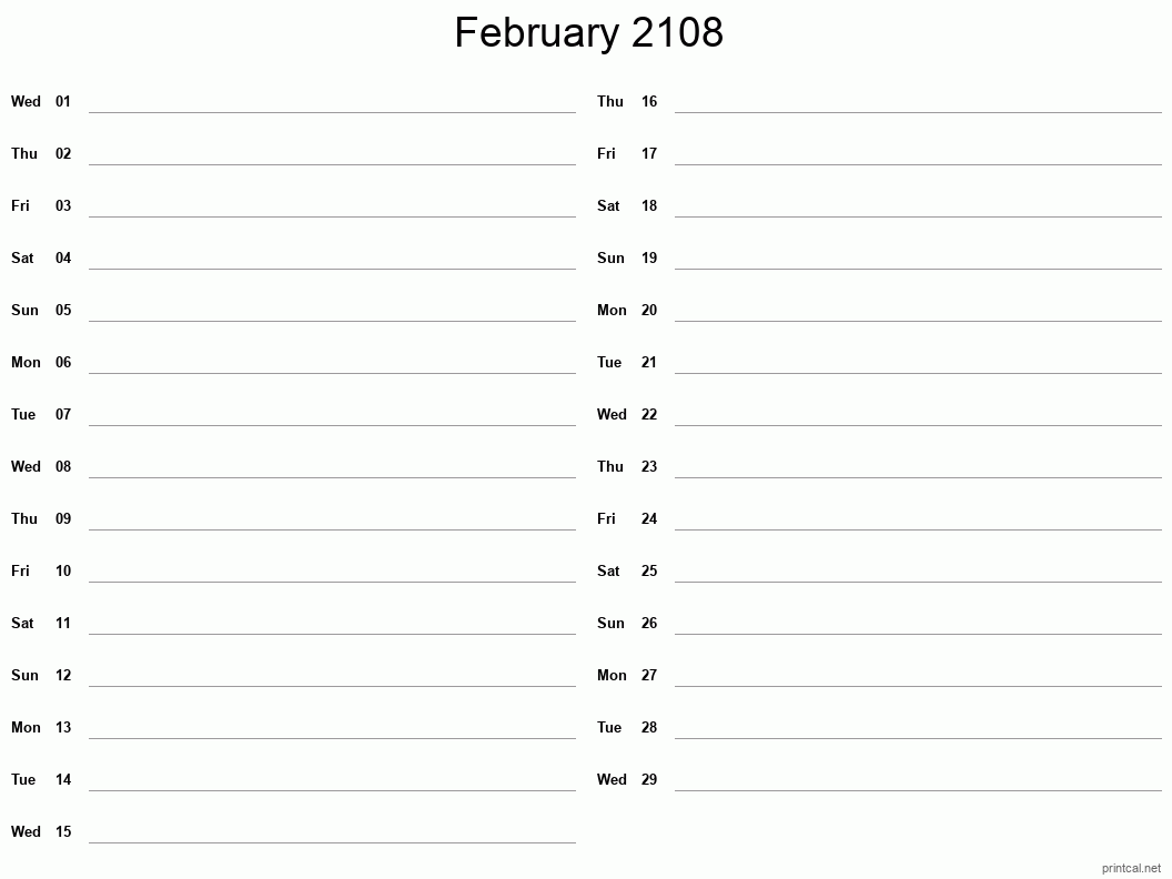 February 2108 Printable Calendar - Two Column Notesheet