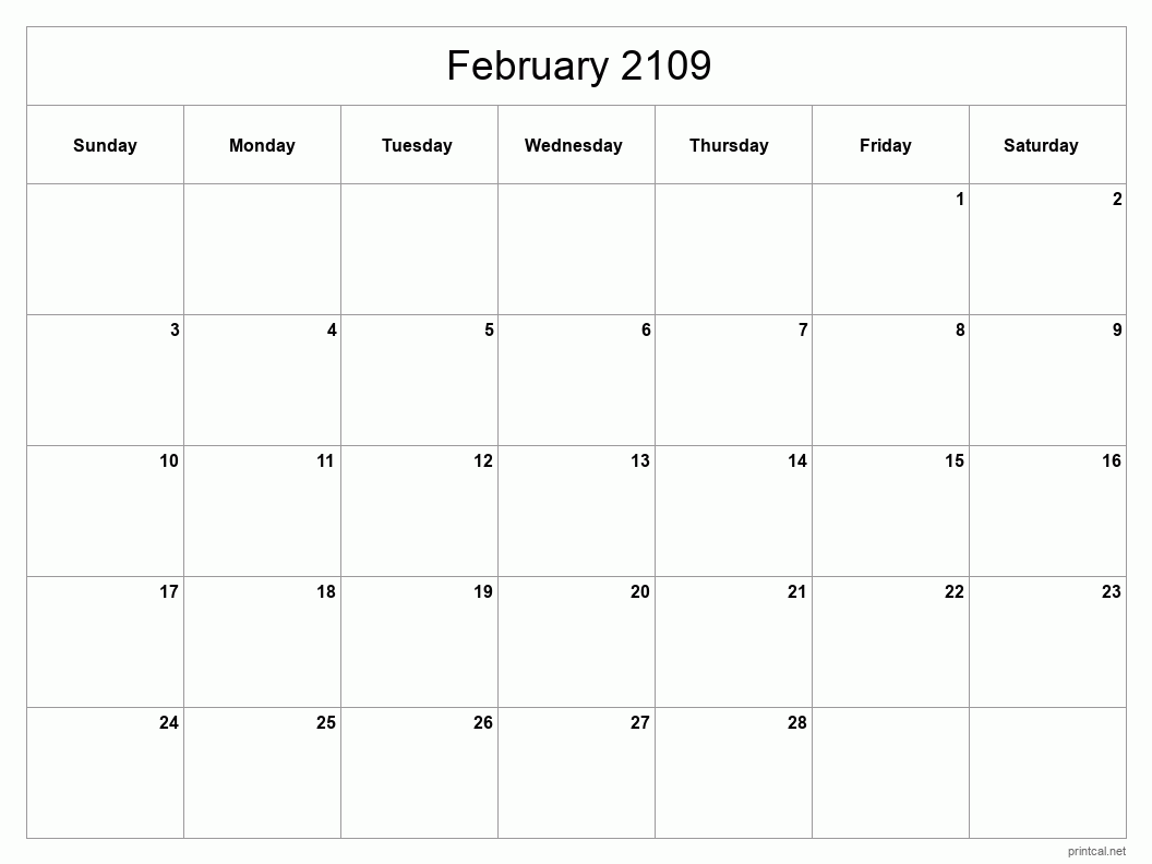 February 2109 Printable Calendar - Classic Blank Sheet