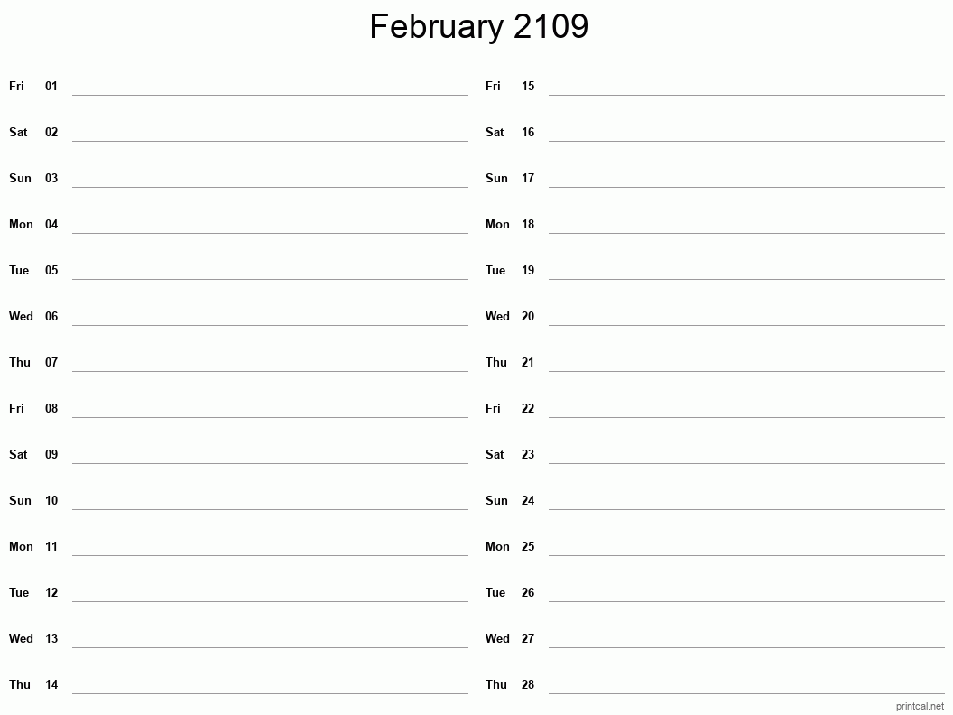 February 2109 Printable Calendar - Two Column Notesheet