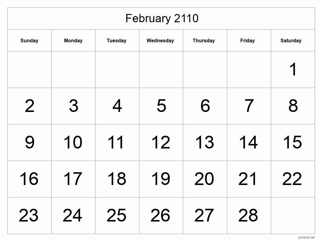 February 2110 Printable Calendar - Big Dates