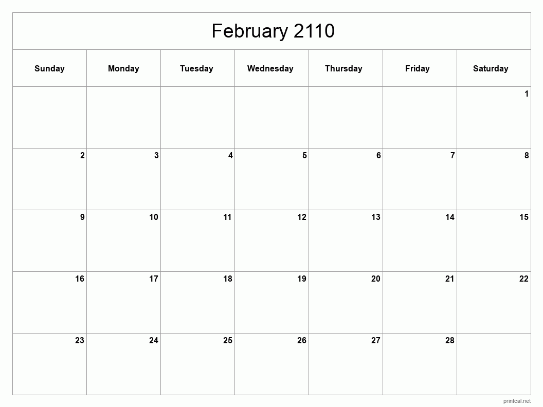 February 2110 Printable Calendar - Classic Blank Sheet