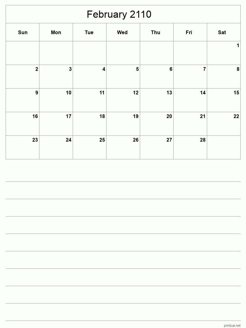 February 2110 Printable Calendar - Half-Page With Notesheet