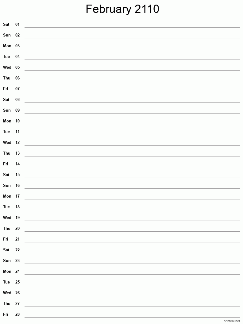 February 2110 Printable Calendar - Single Column Notesheet