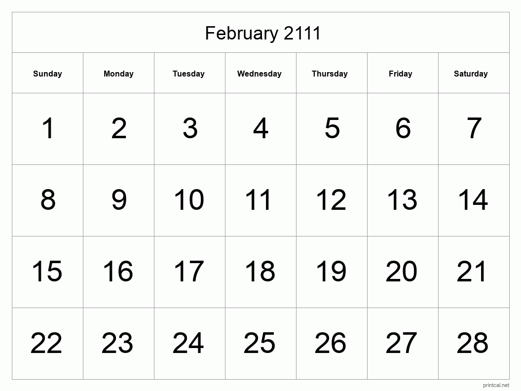 February 2111 Printable Calendar - Big Dates