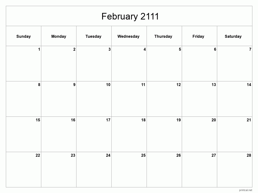 February 2111 Printable Calendar - Classic Blank Sheet