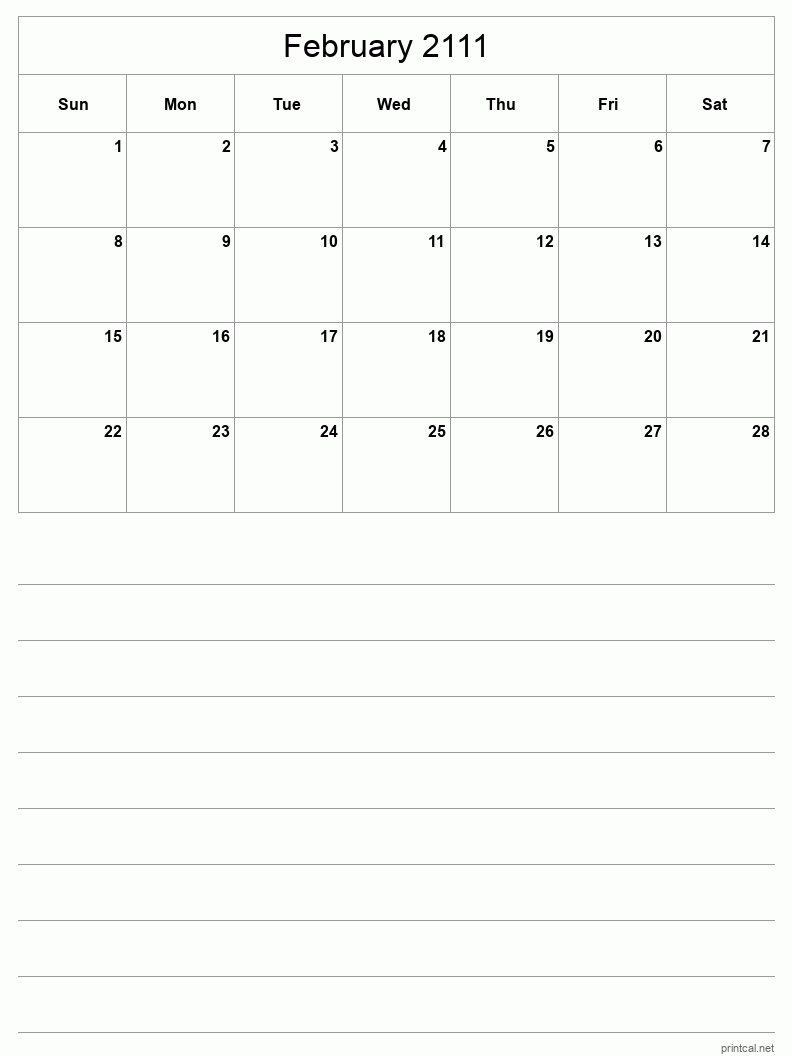 February 2111 Printable Calendar - Half-Page With Notesheet