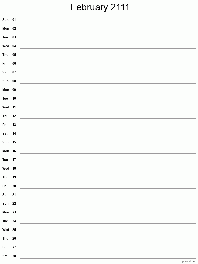 February 2111 Printable Calendar - Single Column Notesheet