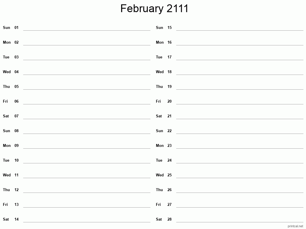 February 2111 Printable Calendar - Two Column Notesheet