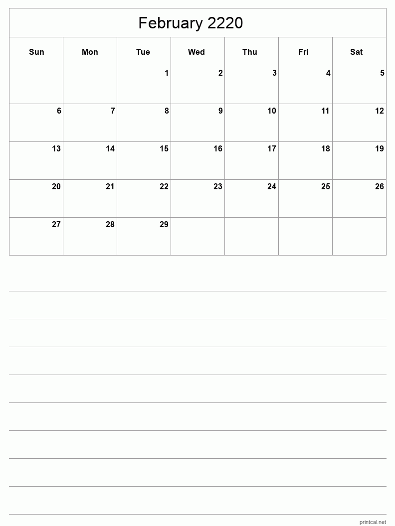 February 2220 Printable Calendar - Half-Page With Notesheet