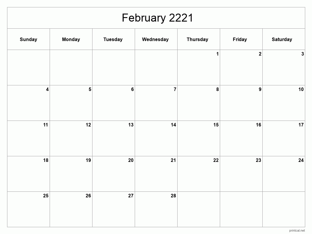 February 2221 Printable Calendar - Classic Blank Sheet
