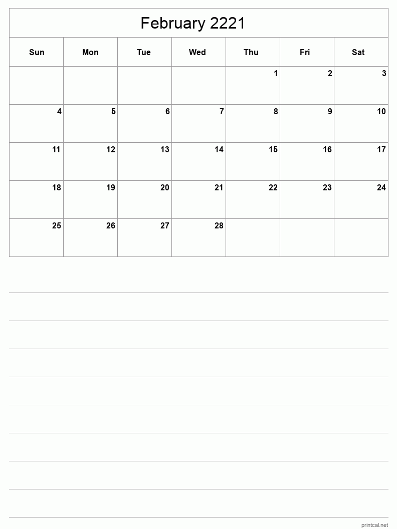 February 2221 Printable Calendar - Half-Page With Notesheet