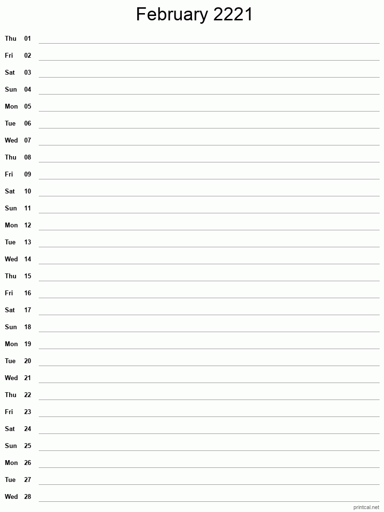 February 2221 Printable Calendar - Single Column Notesheet