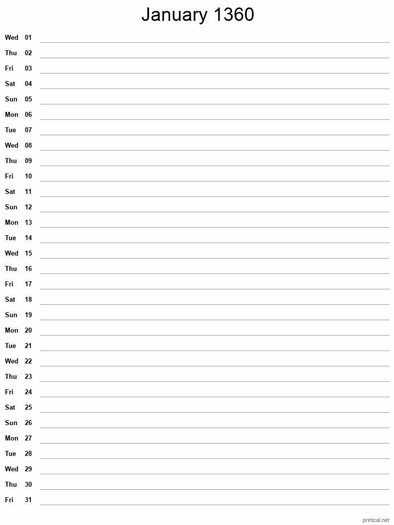 January 1360 Printable Calendar - Single Column Notesheet