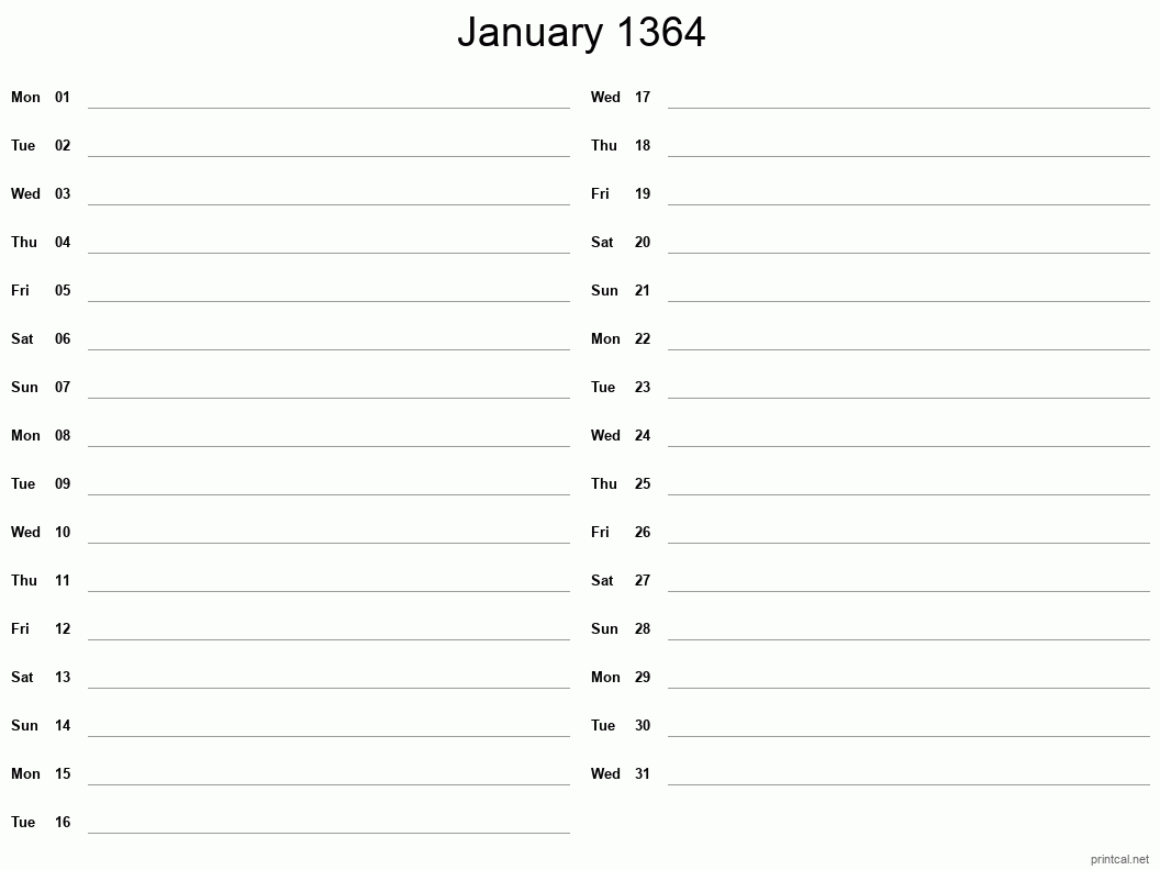 January 1364 Printable Calendar - Two Column Notesheet