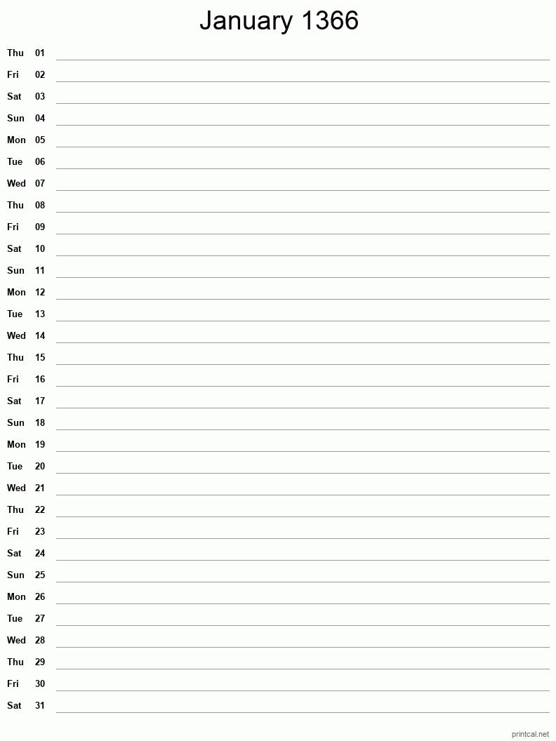 January 1366 Printable Calendar - Single Column Notesheet