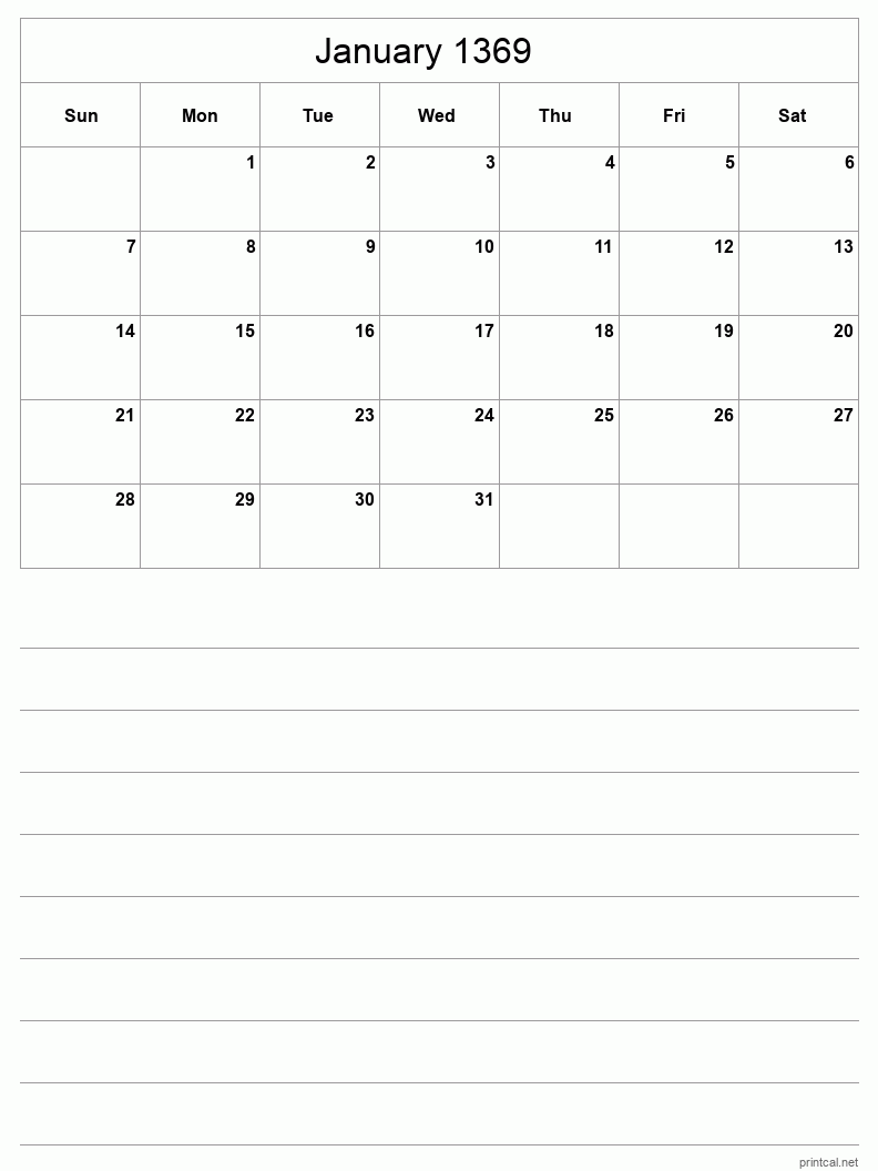 January 1369 Printable Calendar - Half-Page With Notesheet