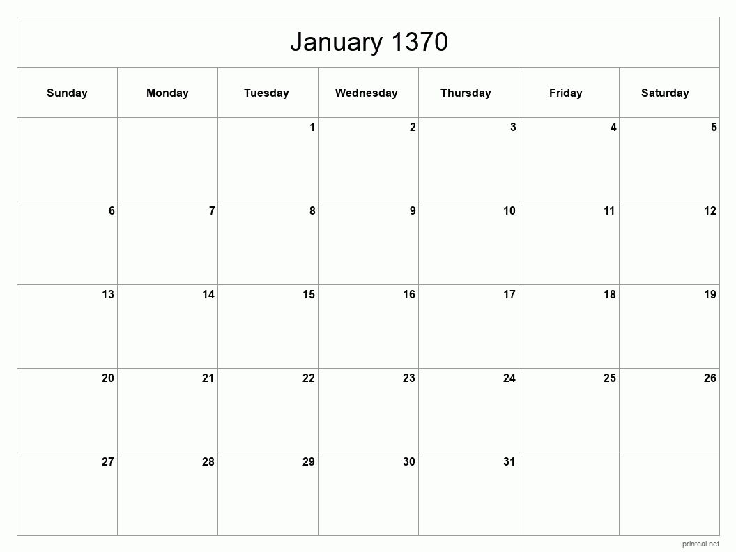 January 1370 Printable Calendar - Classic Blank Sheet