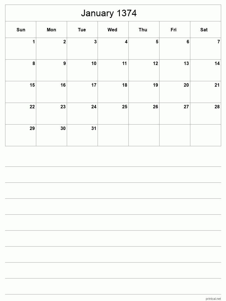 January 1374 Printable Calendar - Half-Page With Notesheet