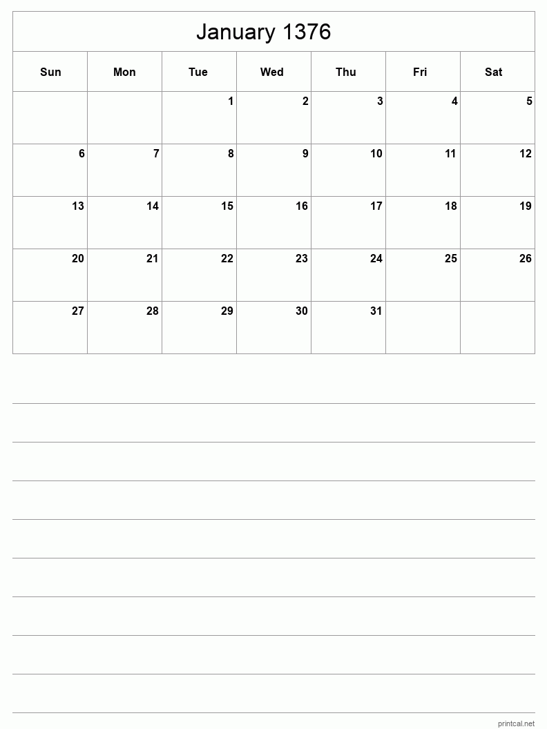January 1376 Printable Calendar - Half-Page With Notesheet