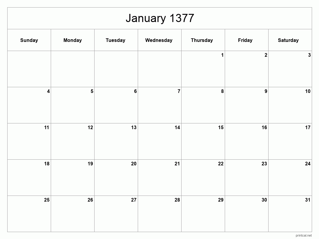 January 1377 Printable Calendar - Classic Blank Sheet