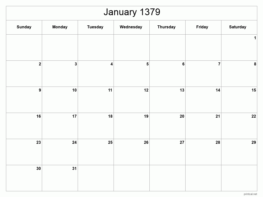 January 1379 Printable Calendar - Classic Blank Sheet