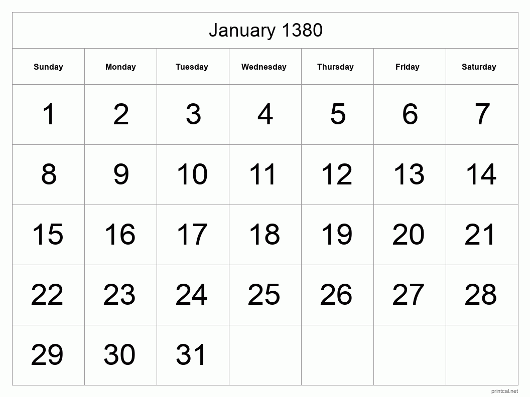 January 1380 Printable Calendar - Big Dates