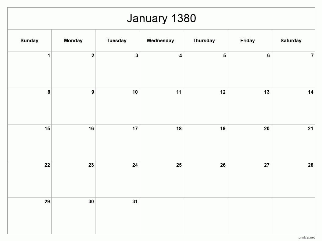 January 1380 Printable Calendar - Classic Blank Sheet
