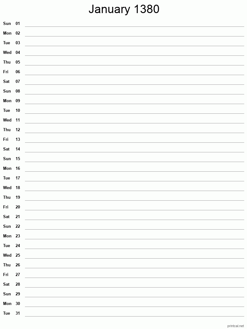 January 1380 Printable Calendar - Single Column Notesheet