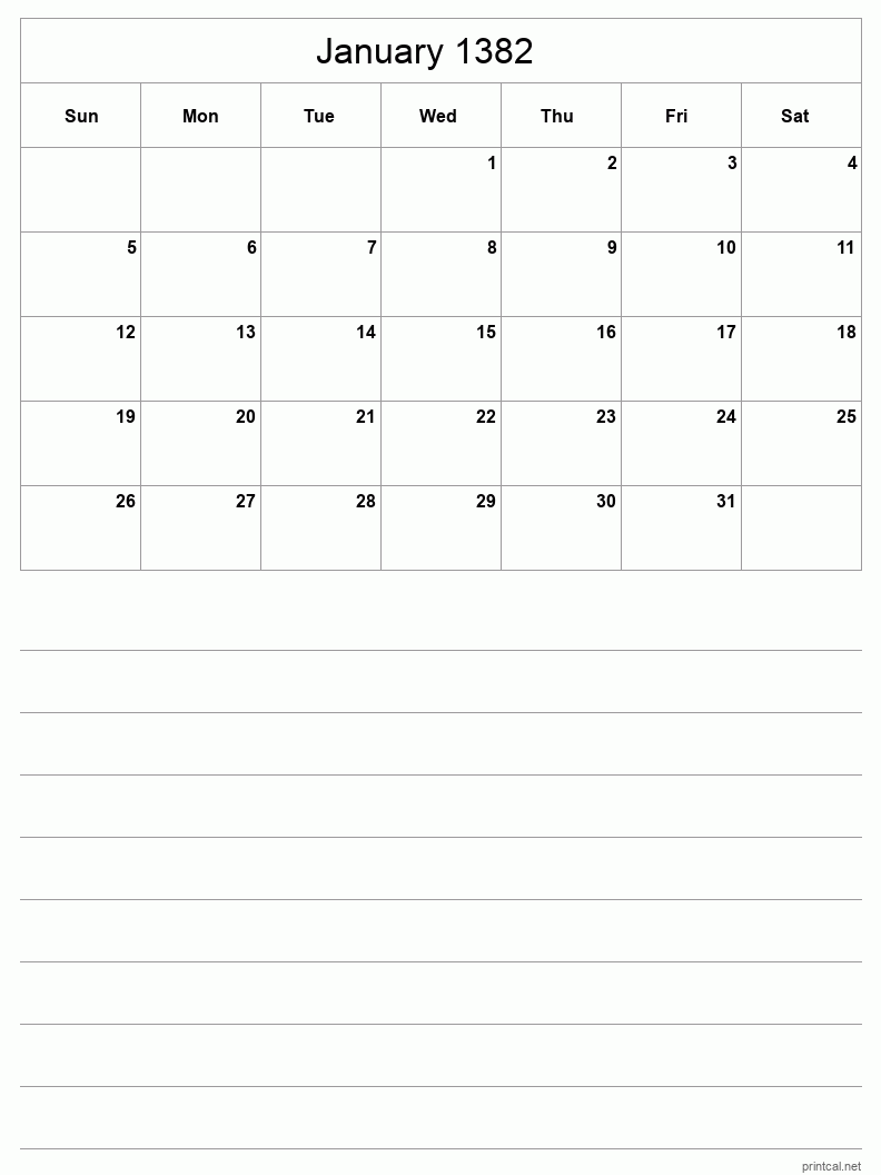 January 1382 Printable Calendar - Half-Page With Notesheet