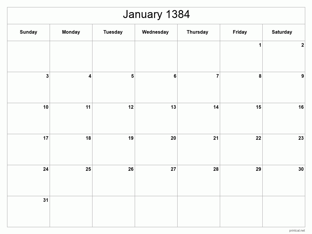 January 1384 Printable Calendar - Classic Blank Sheet