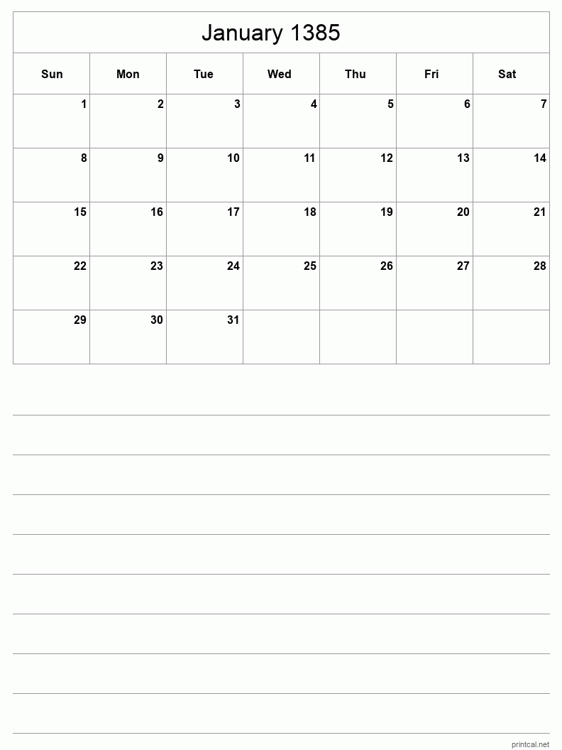 January 1385 Printable Calendar - Half-Page With Notesheet