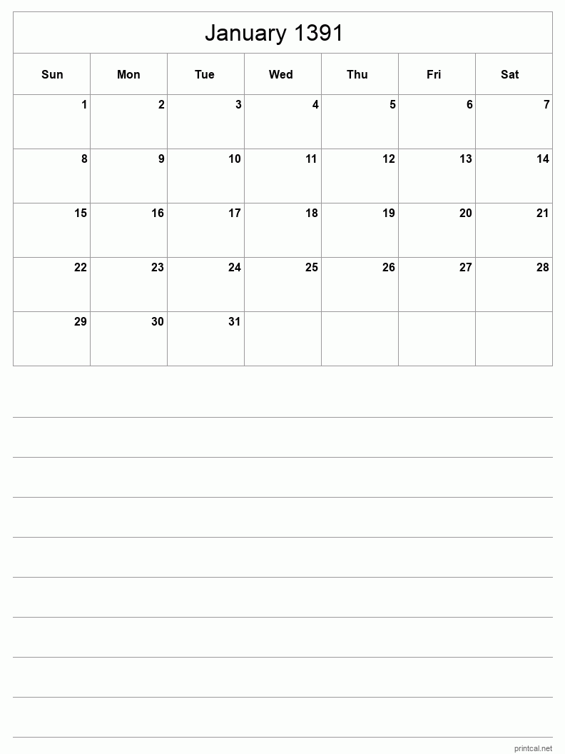 January 1391 Printable Calendar - Half-Page With Notesheet