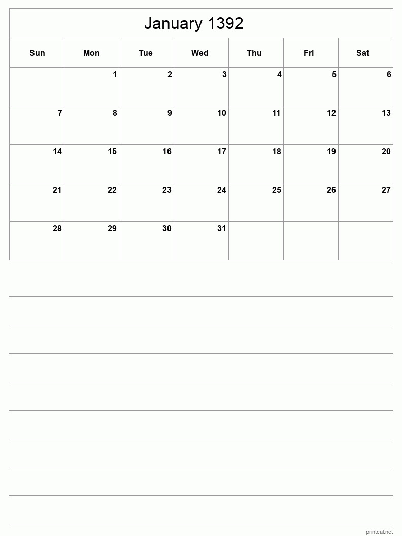 January 1392 Printable Calendar - Half-Page With Notesheet