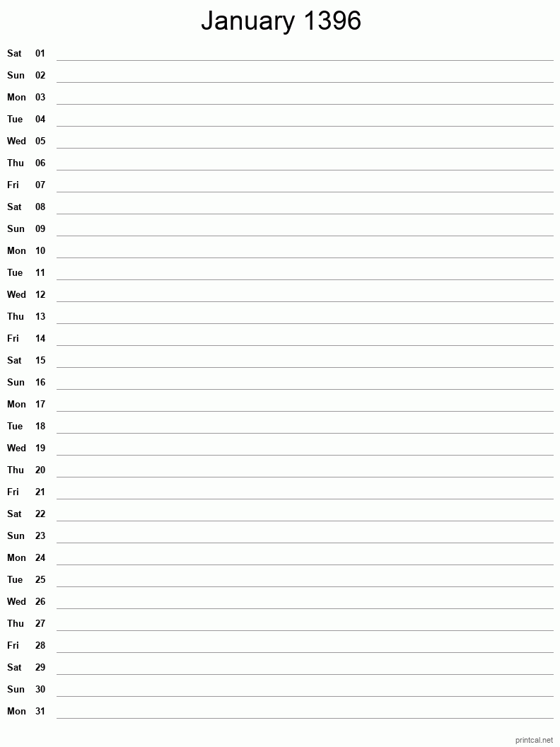 January 1396 Printable Calendar - Single Column Notesheet