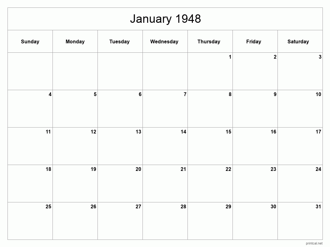 January 1948 Printable Calendar - Classic Blank Sheet