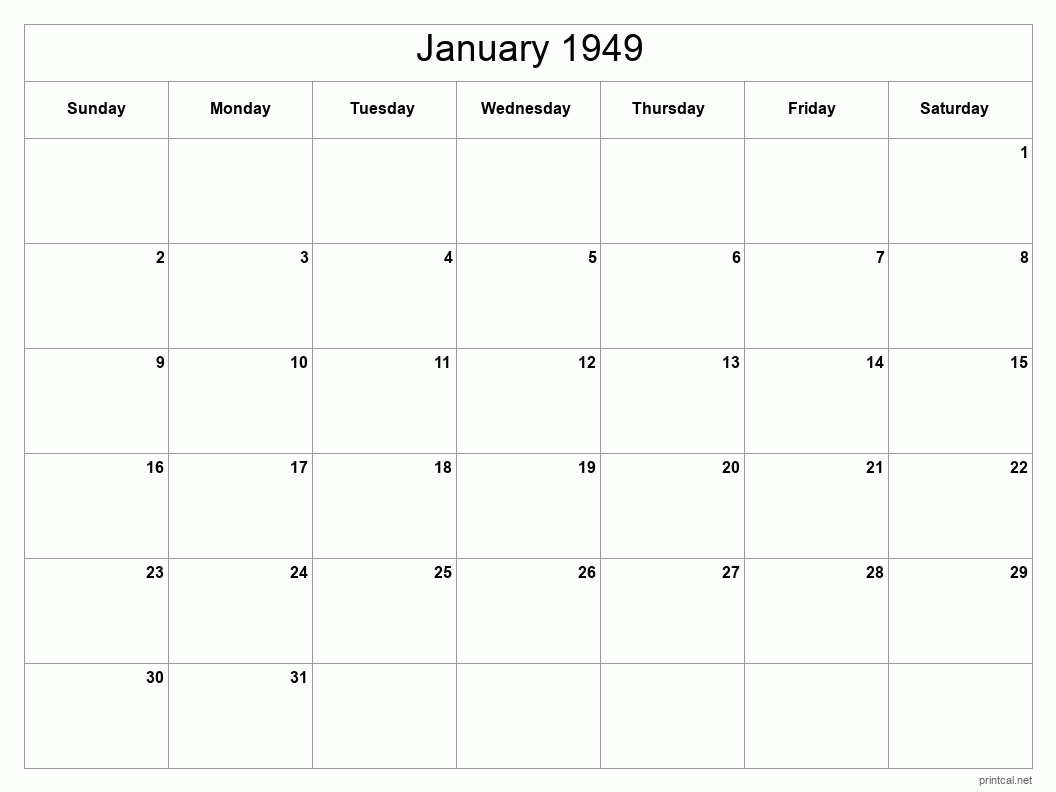 January 1949 Printable Calendar - Classic Blank Sheet