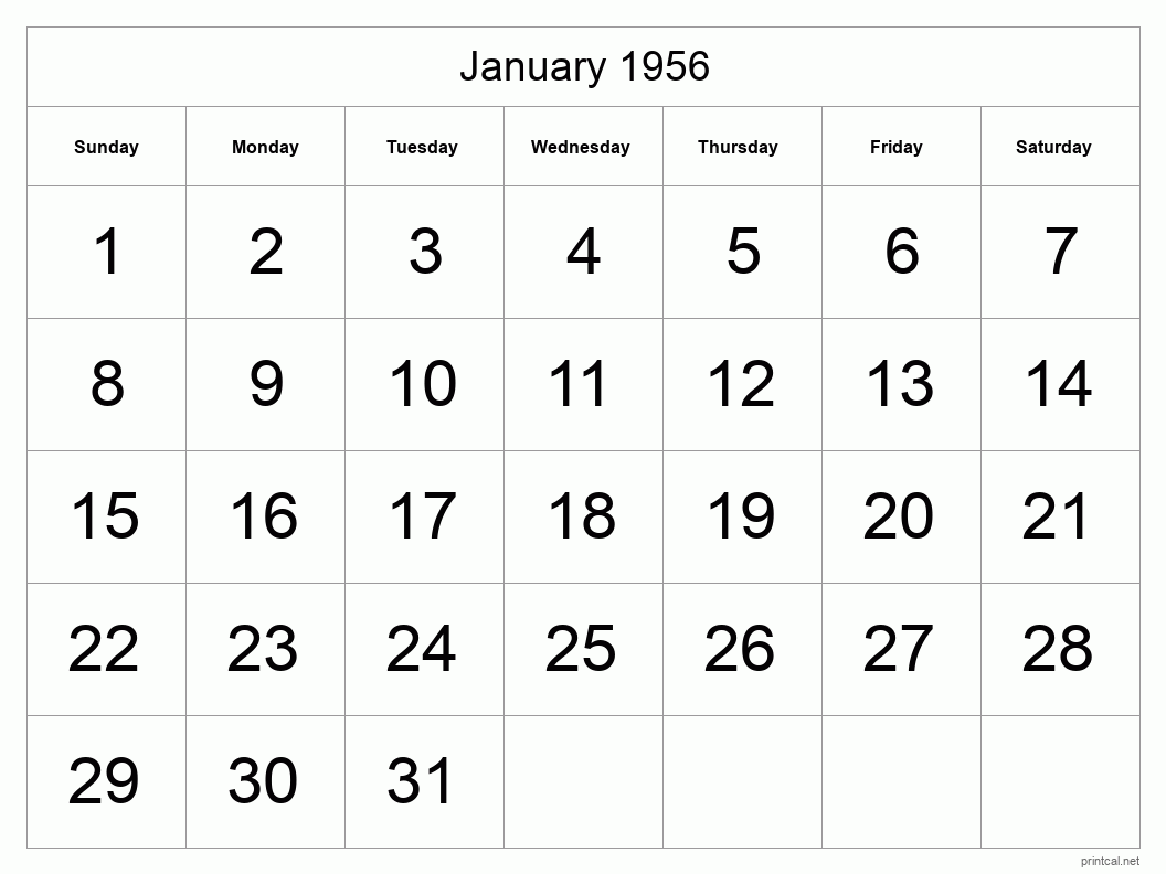 January 1956 Printable Calendar - Big Dates