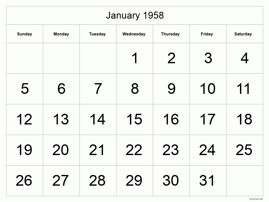 January 1958 Printable Calendar - Big Dates