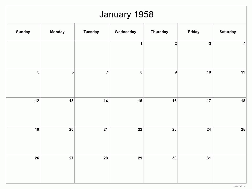 January 1958 Printable Calendar - Classic Blank Sheet