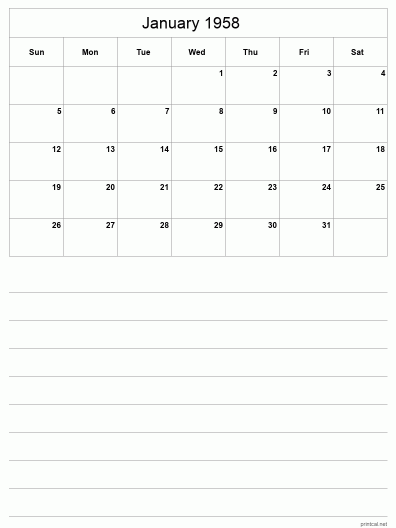 January 1958 Printable Calendar - Half-Page With Notesheet