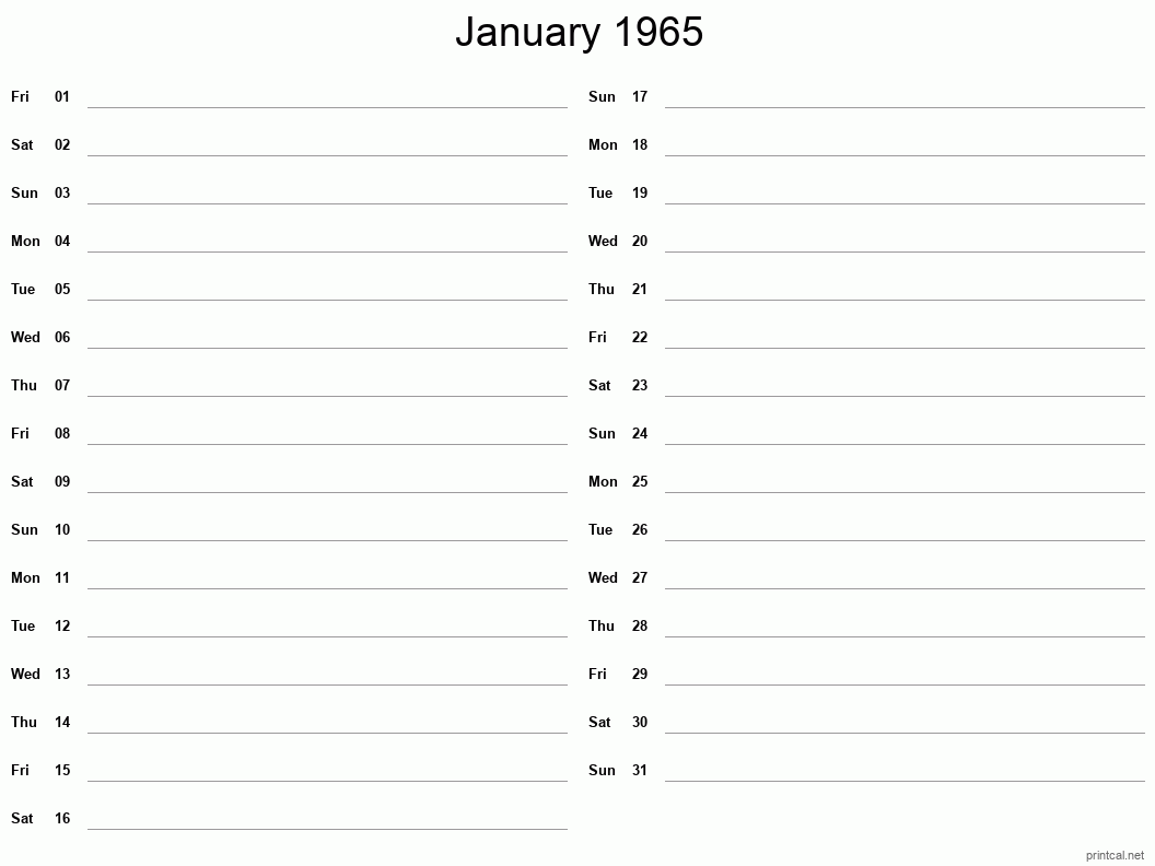 January 1965 Printable Calendar - Two Column Notesheet