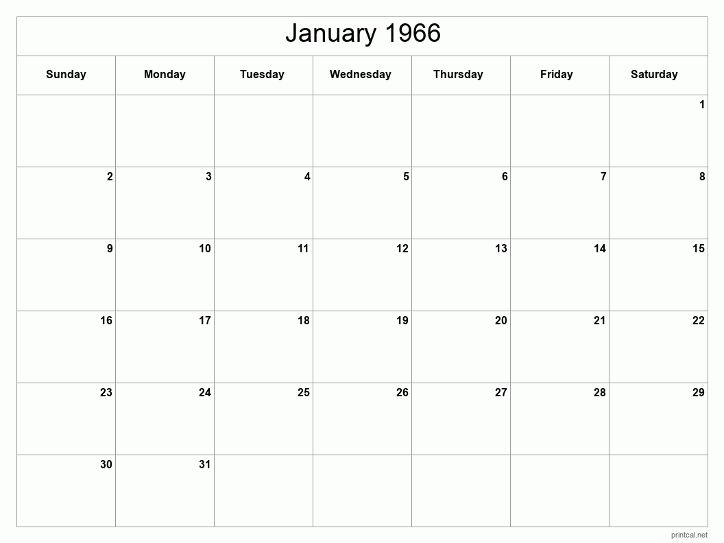 January 1966 Printable Calendar - Classic Blank Sheet