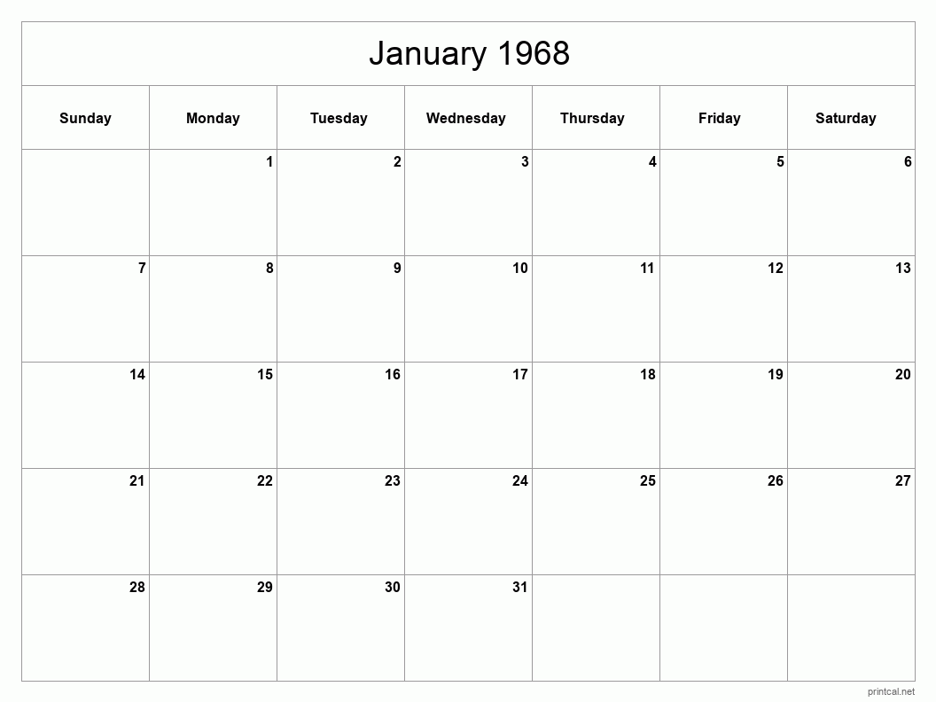 January 1968 Printable Calendar - Classic Blank Sheet